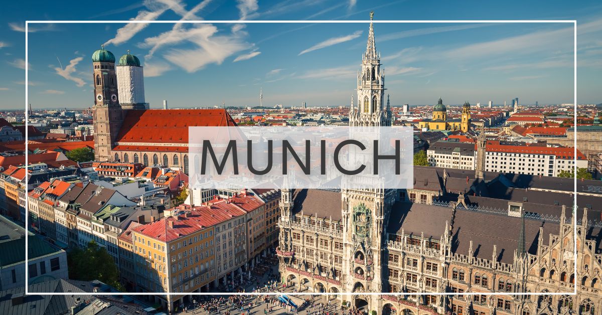 skyline view of munich with new town hall and red roof buildings